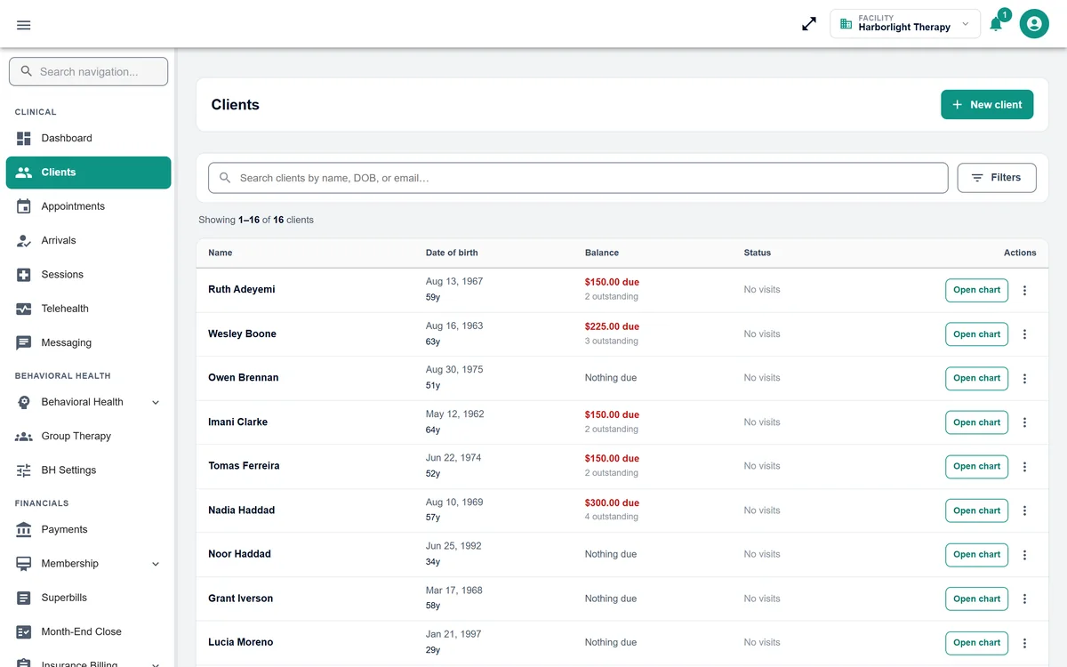 Branzino client list with balances, outstanding visits and one-click chart access