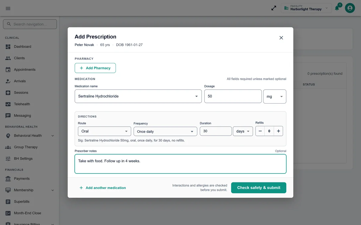 Branzino e-prescribing form: Sertraline 50 mg, oral, once daily for 30 days, with the sig preview and the safety check before submitting