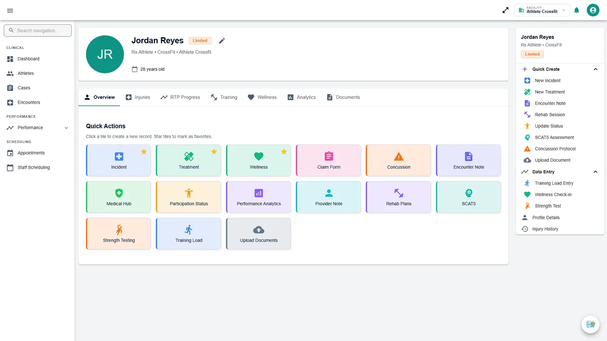 Athlete profile with quick actions for treatments, assessments and training data