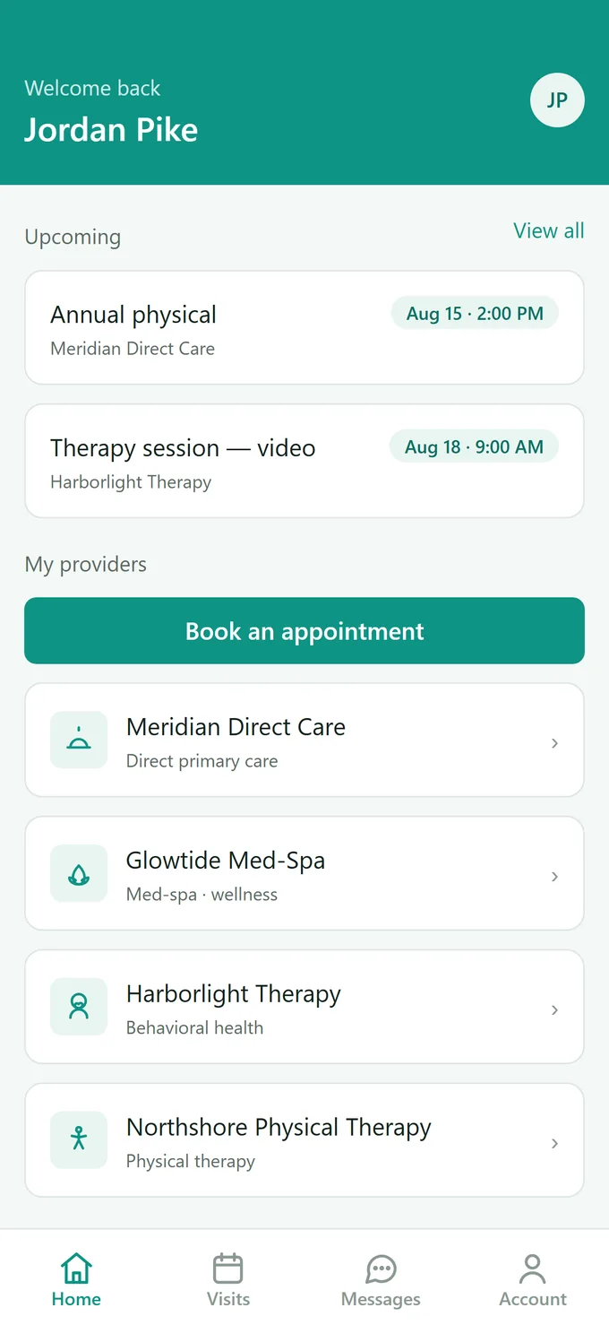Branzino patient app home screen showing upcoming appointments and the patient's providers