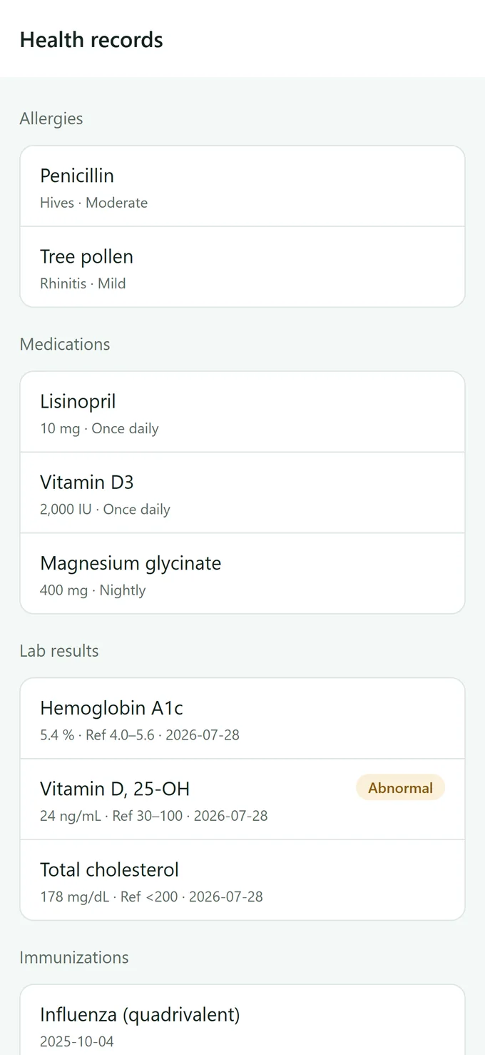 Health records screen listing allergies, medications, lab results and immunizations