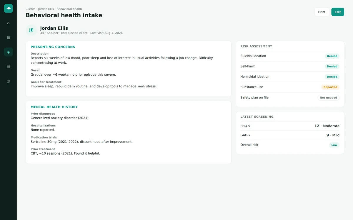 Behavioral health intake with history and risk assessment