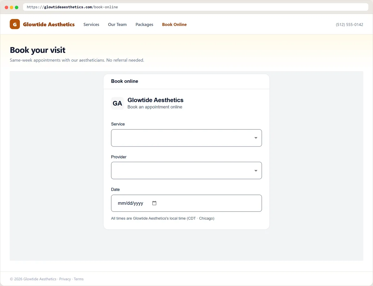 A practice website with the Branzino booking form embedded in the page, showing the practice's own logo above a list of open appointment times